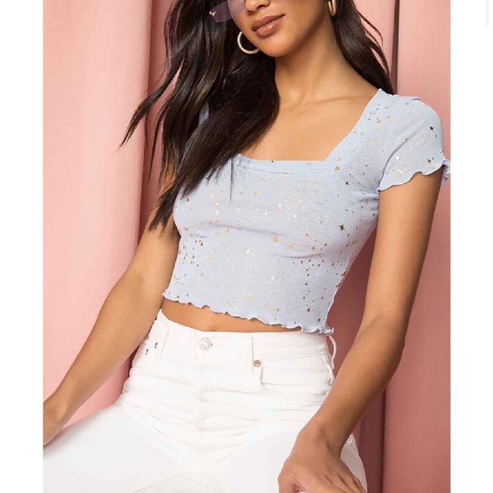 SUPERDOWN Estelle Square Neck Top in blue. Size Small